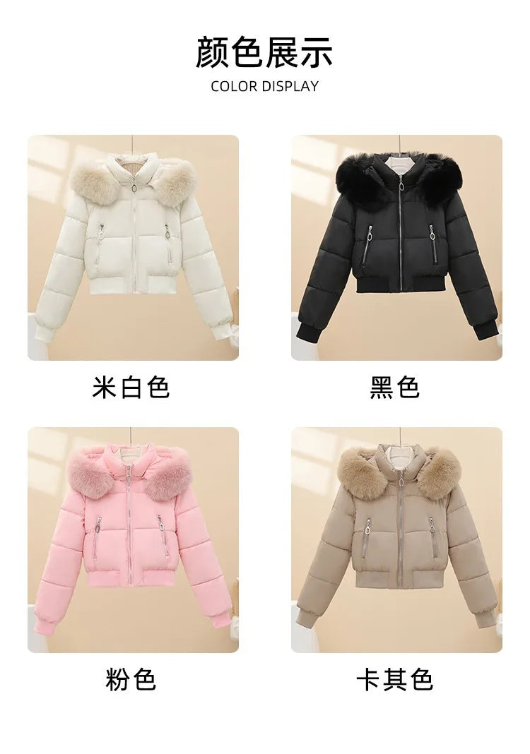 Winter Casual Versatile Cotton-Padded Jacket with Fur Collar Short Hooded Warm Coat New Style Women's Outdoor Puffer Jacket