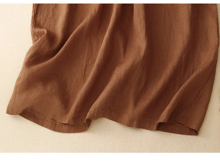 Summer Cotton Linen Blended Thin And Breathable Dress Women Literary Big Swing Short Sleeve Solid Loose Casual Female Dresses