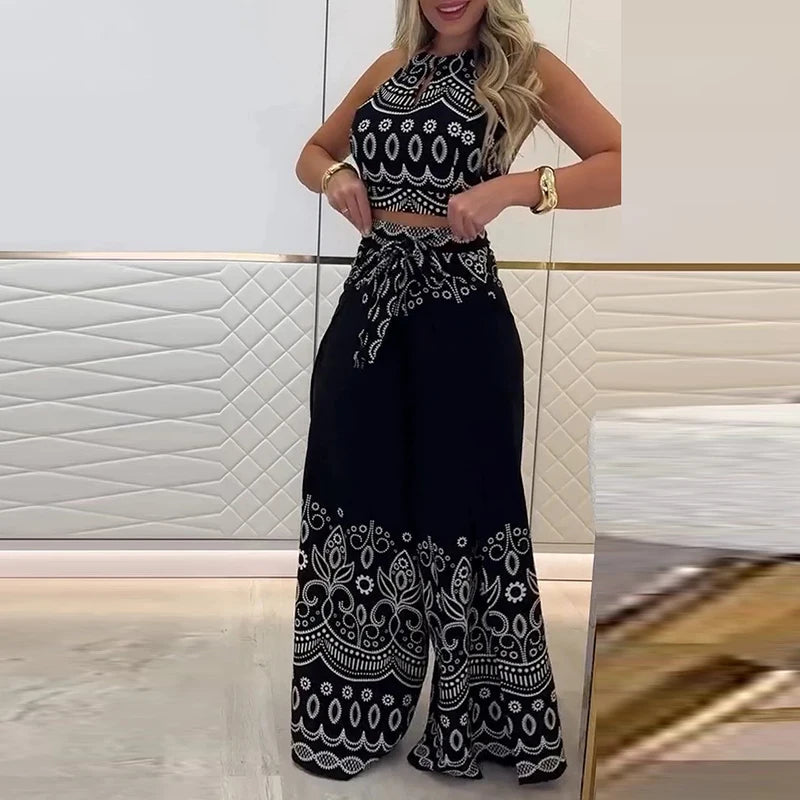 Elegant Halter Sleeveless Blouse & Lace-up Pant Set Casual Lace-up Party 2Pc Outfit Women Fashion Pattern Print Bohemian Outfits