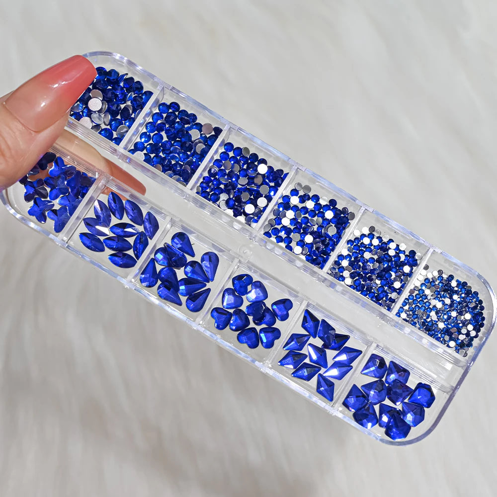 12Grids 3D Gold/Champagne Nail Art Rhinestones Mixed-Shapes Flat-Back Glass Diamonds Nails Charms Luxury DIY Manicure Decoration