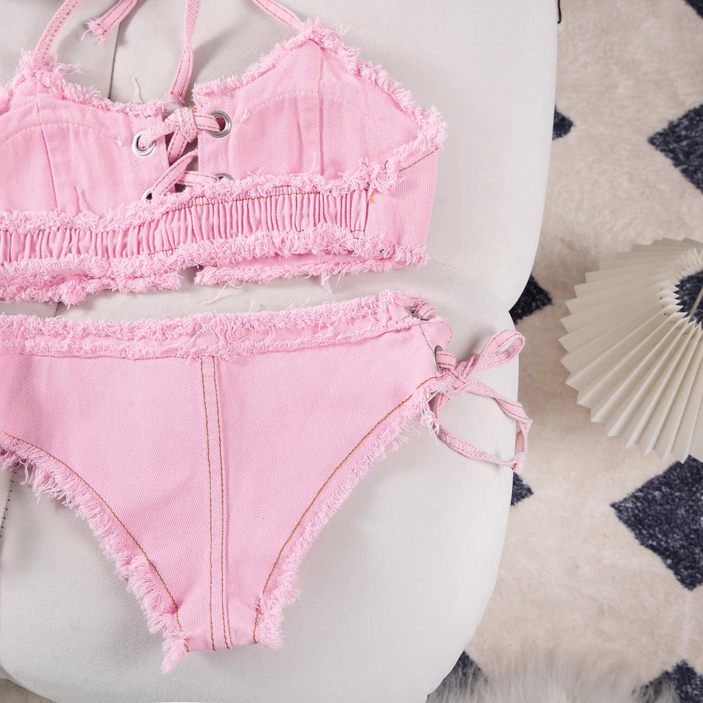 DEKA Retro Women Bikini Denim Suits Summer Halter Camis+ Mini Pant Lingerie Fashion Vacation Swimsuits Sexy Bra&Briefs Sets