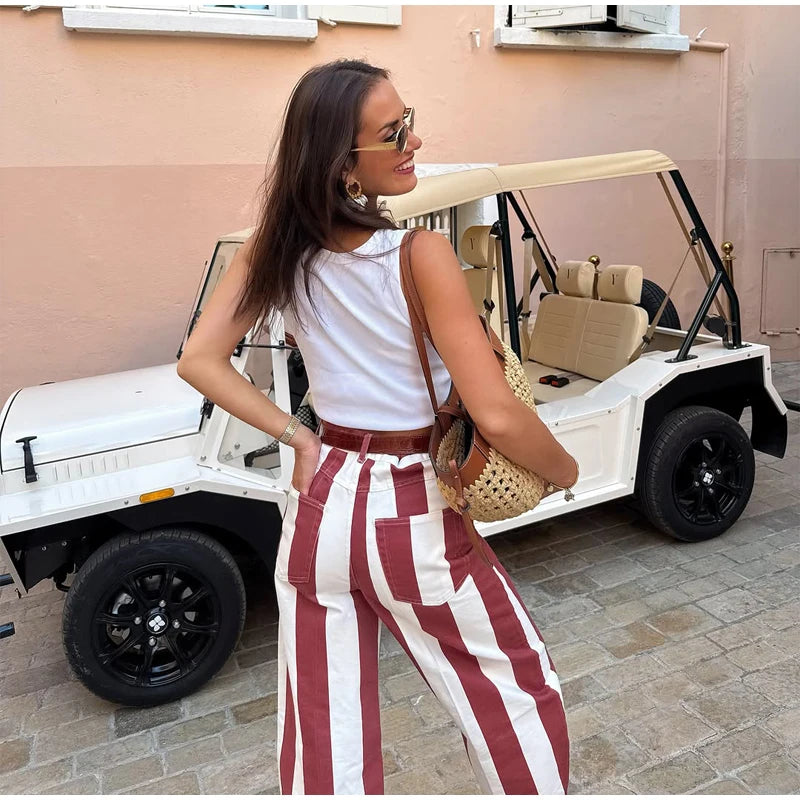 Women‘s Colorful Striped Pant New Summer Straight Multicolor Wide Leg Long Pants Casual Fashion Streetwear Female Outfit 2026