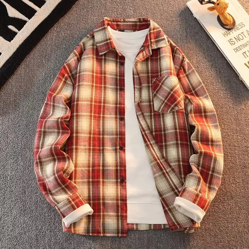 Retro Japanese Plaid Long Sve irt Men's Casual Loose Fit Spring Autumn Wear for Students And Couples Youth Faion