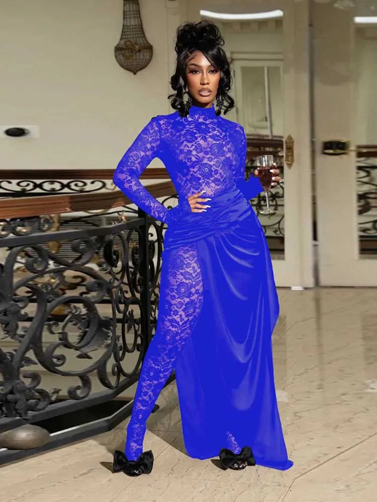 Spring Elegant Woman Jumpsuit Sexy Transparent Lace Full-length Jumpsuit Long Sleeve Jumpsuit with Dress Wholesale Dropshipping