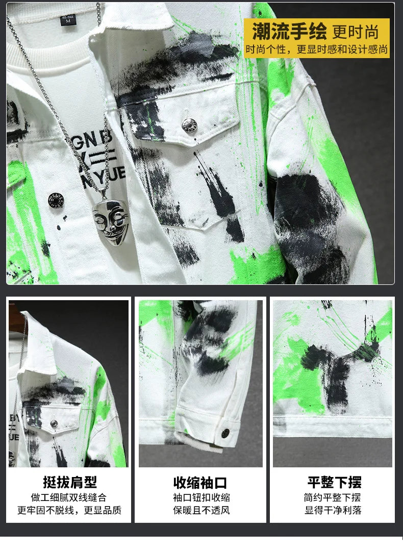 Fashion 2026 Spring Autumn Men's Cotton Denim Jacket Casual Printed Jeans Hip Hop Streetwear Loose Denim Coat Youth Top Clothing