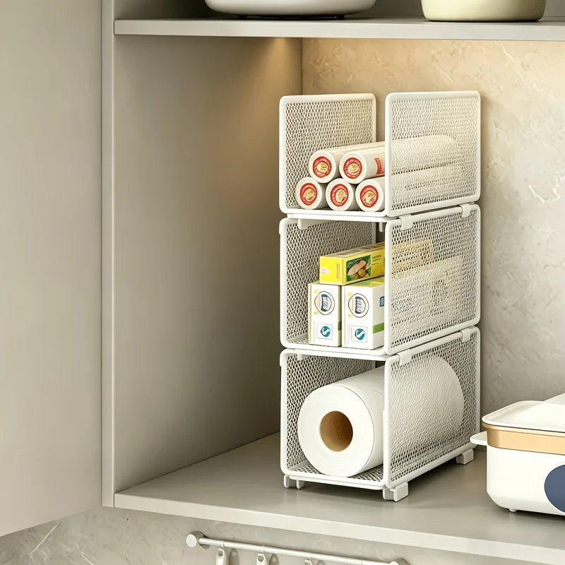 Stackable Kitchen Storage Baskets, Organizer for Kitchen Paper, Plastic Wrap, and Spice Jars, Household Cabinet Storage Racks