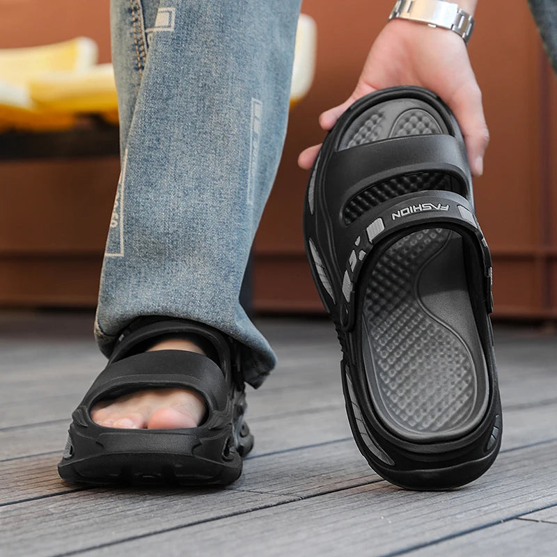 Summer New Style Men's Simple Hollow-Out Dual-Wear Beach Flip-Flops, Sizes 38-45, Thick-Soled Drainage Eva Sandals