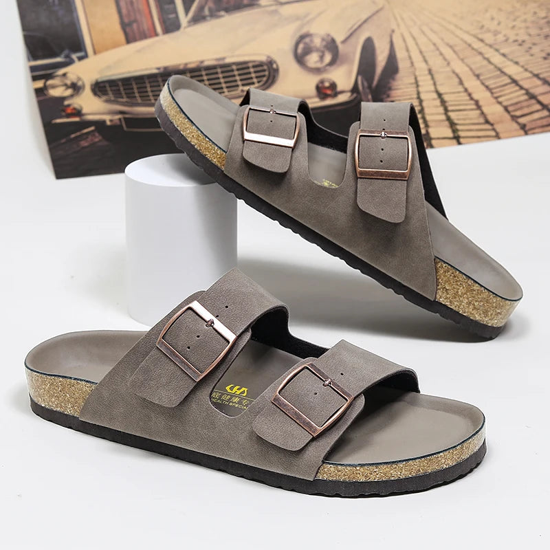 Summer Men Women Cork Slippers Clogs Microfiber Leather Slides Casual Slip On Sandal Double Buckle