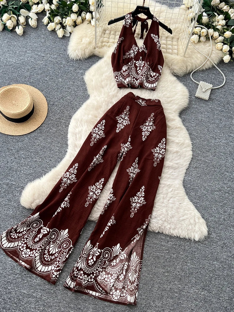 Women's Summer Two Pieces Bohemian Vacation Printed Halter Neck Sleeveless Top High Waist Wide Leg Pants Two-piece Set TP044