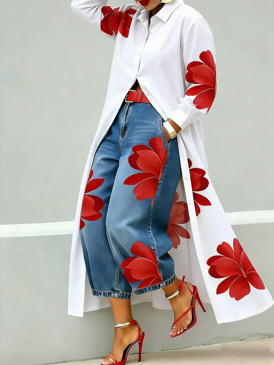 Women's Floral Print Long-sleeve Lapel Long Shirt Dress Elegant Streetwear Vintage Single Breasted Casual Maxi Shirt Dress