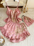 New Women Satin Pajama Set Cherry Print V Neck Top Ruffle Shorts Versatile Outfit Wearable Outside Elegant Sleepwear