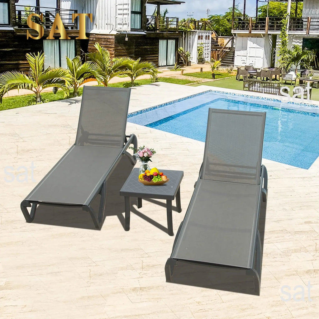 ！@！@3pcs Adjustable Aluminum Outdoor Sun Loungers Blue Textilene Side Table All Weather Leisure Deck Lawn Poolside Backyard Lake