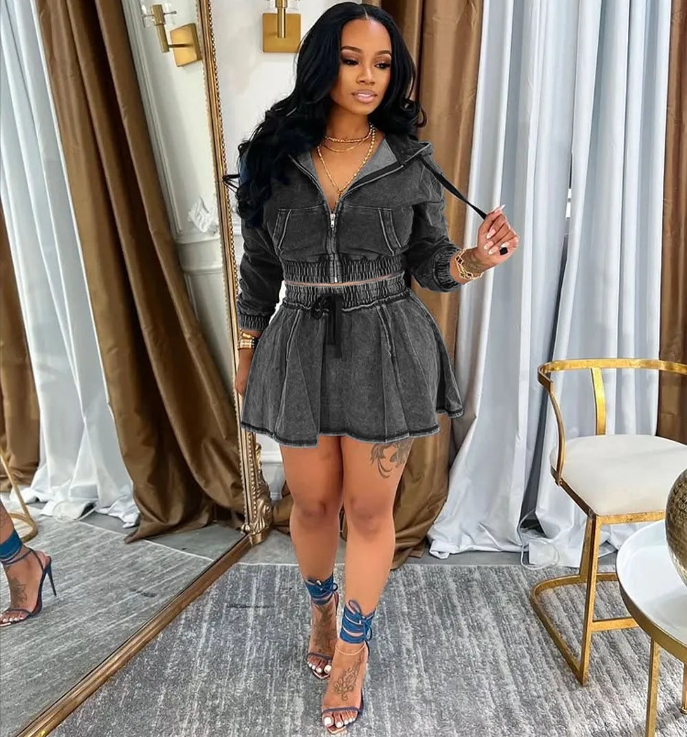 Women's Two-piece Set Dress Denim Crop Top Drawstring Waist Dresses Hooded Mini Dress Zip Front A Line Skirt Casual Dress