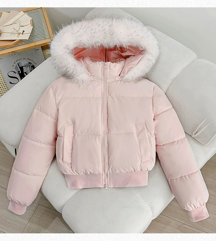 Women's Short Thickened Winter Cotton Jacket Quilted Coat Fur Collar American Retro Style Warm Casual Fashion Regular Fit