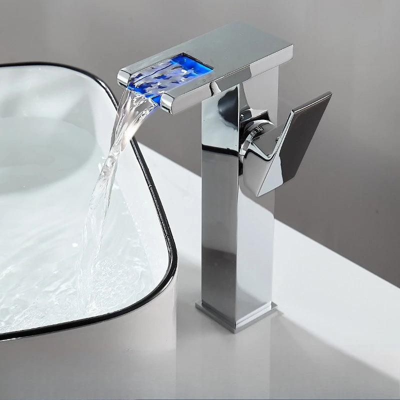 Black Bathroom Sink Faucet Single Hole Cold and Hot Water Mixing Valve Faucet 3 Colors Changing Color Changing Waterfall Faucet