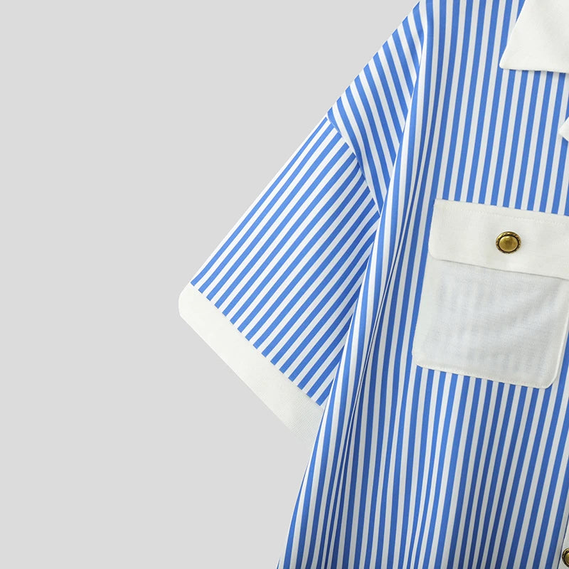 INCERUN Men Shirt Striped Patchwork Lapel Short Sleeve Casual Men Clothing Summer Color-block Fashion Leisure Tops Male Shirts