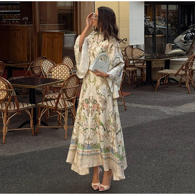 Elegant Women's Printed Long Dresses Loose O-neck Flared Half Sleeve Big Hem Wide Female Dresses 2026 Summer Lady HolidayRobes