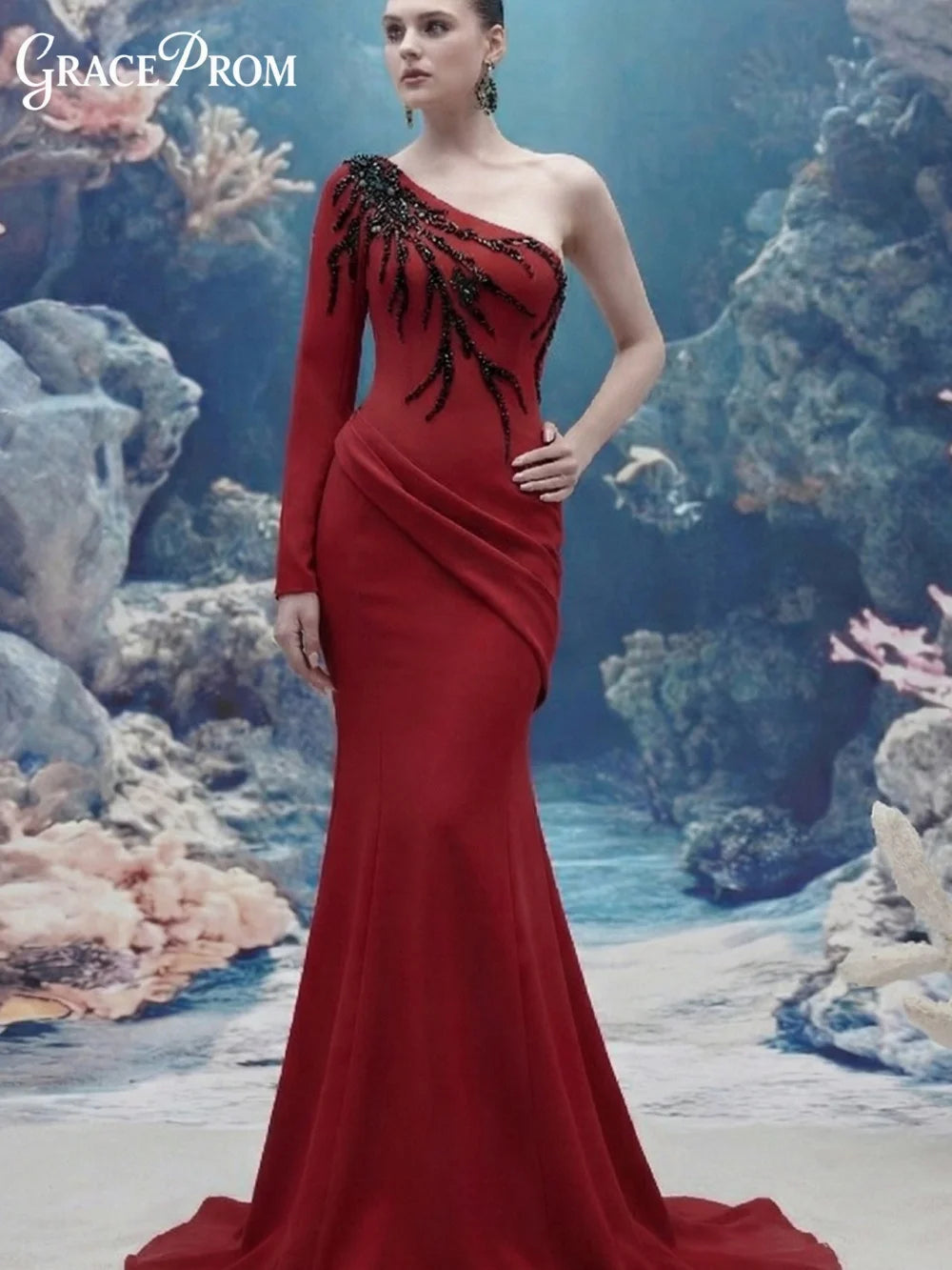 Stunning Mother Of The Bride Evening Gown 2027 Chic One Shoulder Long Sleeve Beaded Draped Mermaid Formal Prom Dress فساتين سهرة