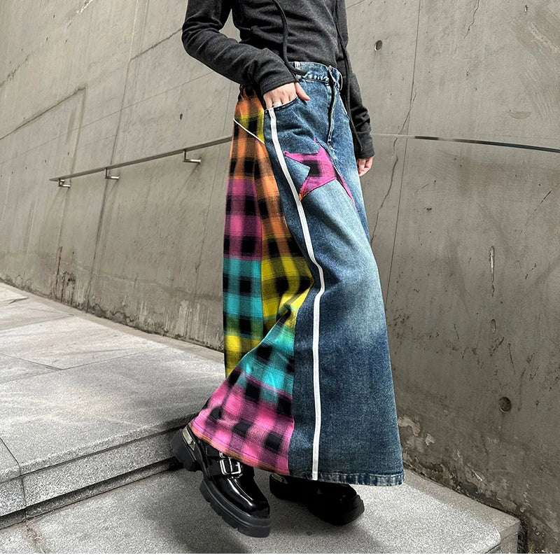 High Fashion Denim Skirt Women Elastic High Waist A-Line Long Skirt Female Colorful Patchwork Plaid Jean Skirt