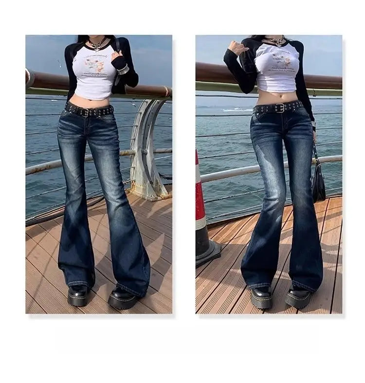 Y2K Slim Fit High Waist Casual Womens Jeans Retro Denim Pants Low Rise Flared Trousers Long Bootcut Drag Autumn for Women