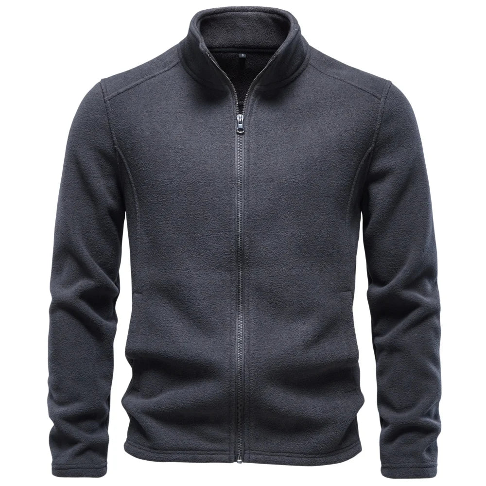 AIOPESON Men's Fleece Jacket Full Zip Stand Collar Solid Color Polar Fleece Outerwear Autumn Winter Outdoor Casual Light Coat
