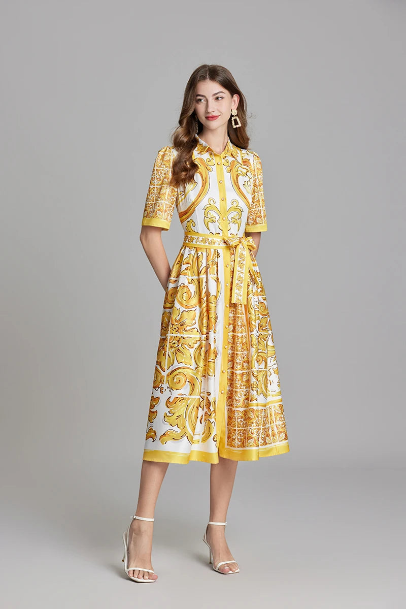 Summer Holiday Yellow Paisley Print Shirt Dresses Women's Turn Down Neck Short Sleeve Belt High Waist Beach Party Vestidos