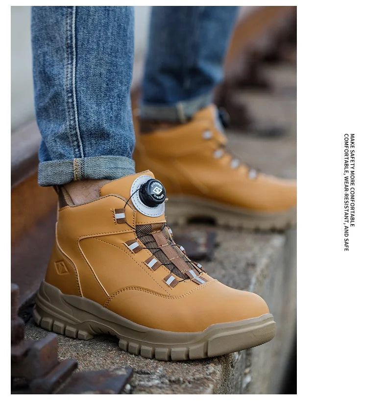 WOUDHONY Work Shoes Men Anti-smashing Anti-puncture Safety Shoes Rotating Buttons Autumn Winter Protective Work Safety Boots