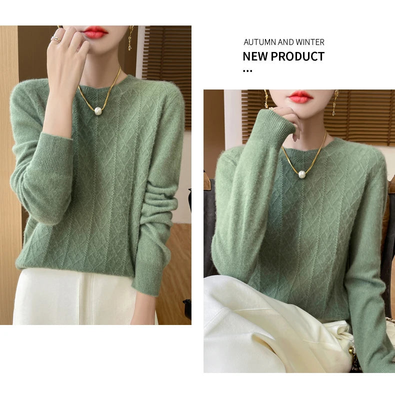 Fall/Winter 2024 New Women's Sweater 100% Pure Wool Lotus Collar Solid Color Loose Knitted Cashmere Pullover