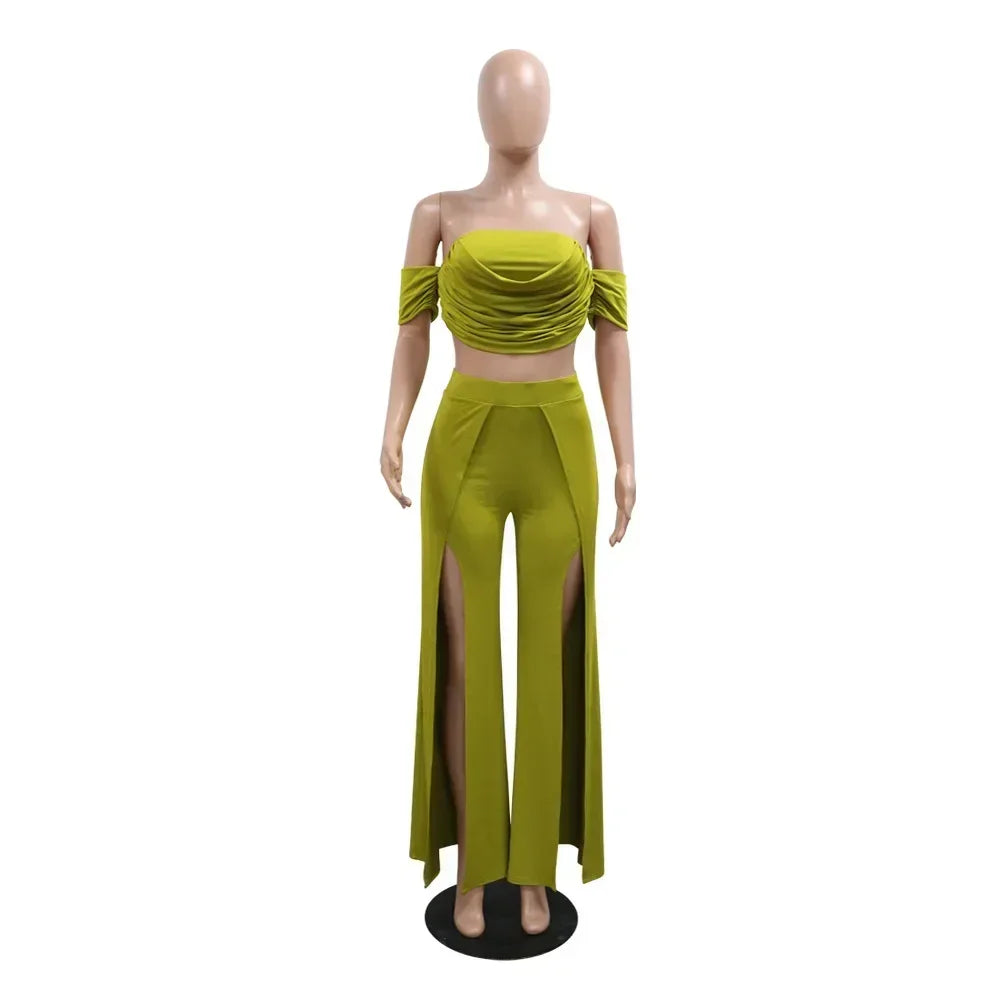 Women's Set Short Sleeve Slash Neck Ruched Tops and Wide Leg split Pants 2025 Street Two 2 Piece Sets Outfit Tracksuits