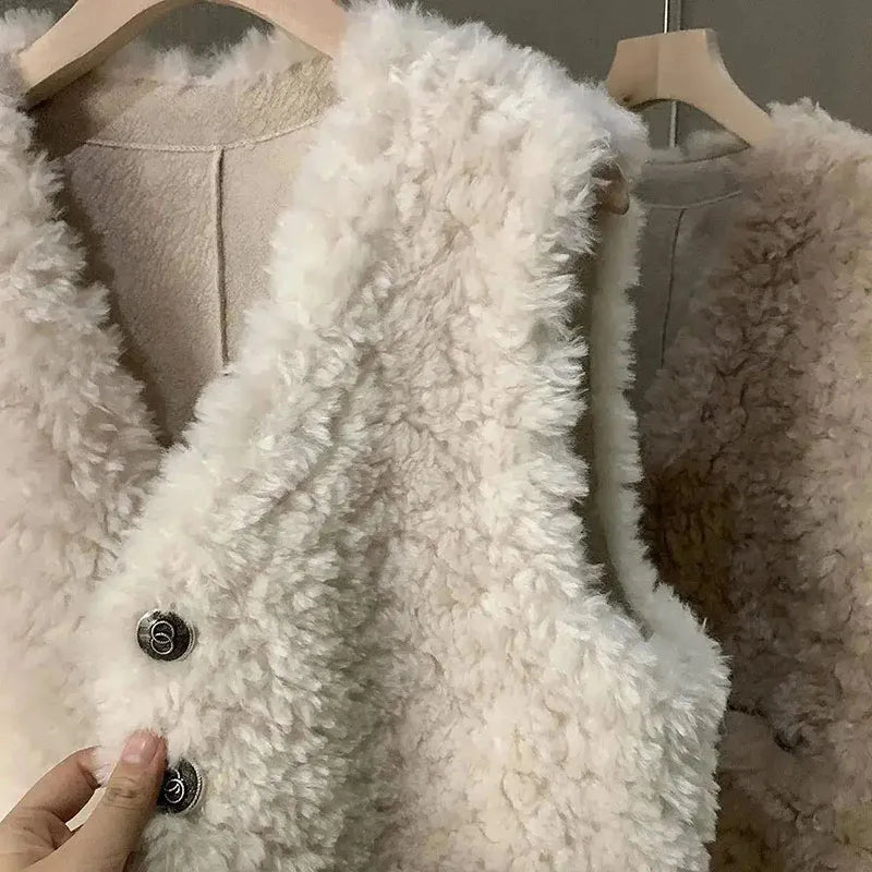 Female Lamb wool Waistcoat Jacket 2025 Spring Autumn New Single Breasted Slim Sleeveless Coat Warm Women's Short Casual Vest Top