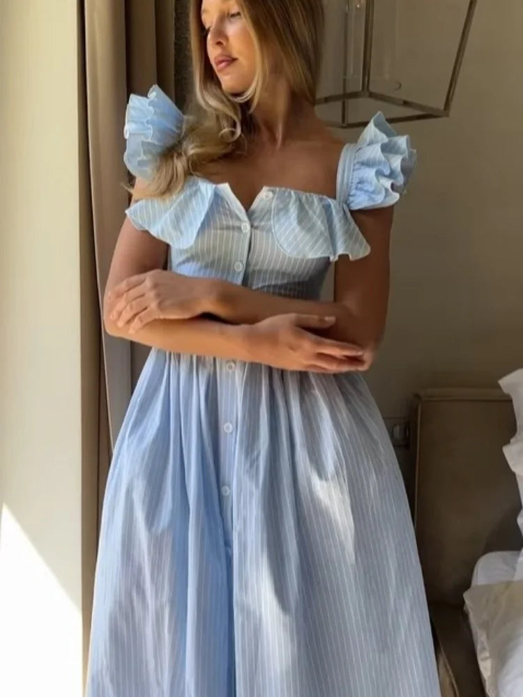 Fashionable Striped Ruffle Pleated Women's Dress Elegant Solid Square Neck Single Button Dresses Female Summer Chic Casual