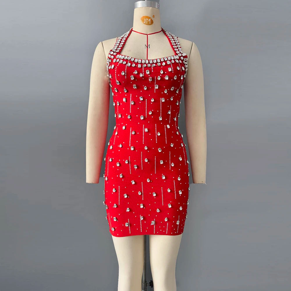 Luxury Diamond Rhinestone Women Summer Halter Bandage Dress Club Evening Party Mini Dresses