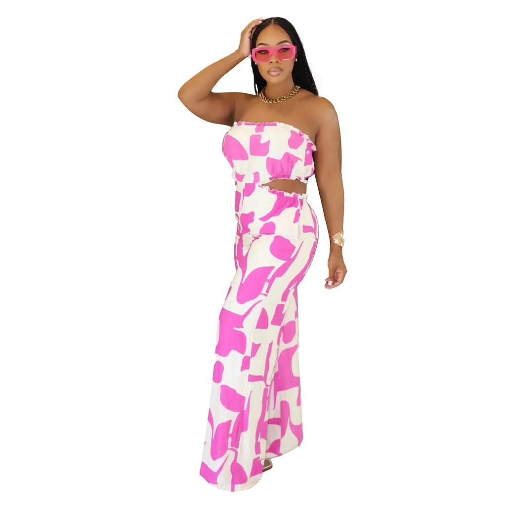 2025 Elegant Sleeveless Hollow Out Casual Style Women Tube Top with Wide-leg Jumpsuit Long Pants