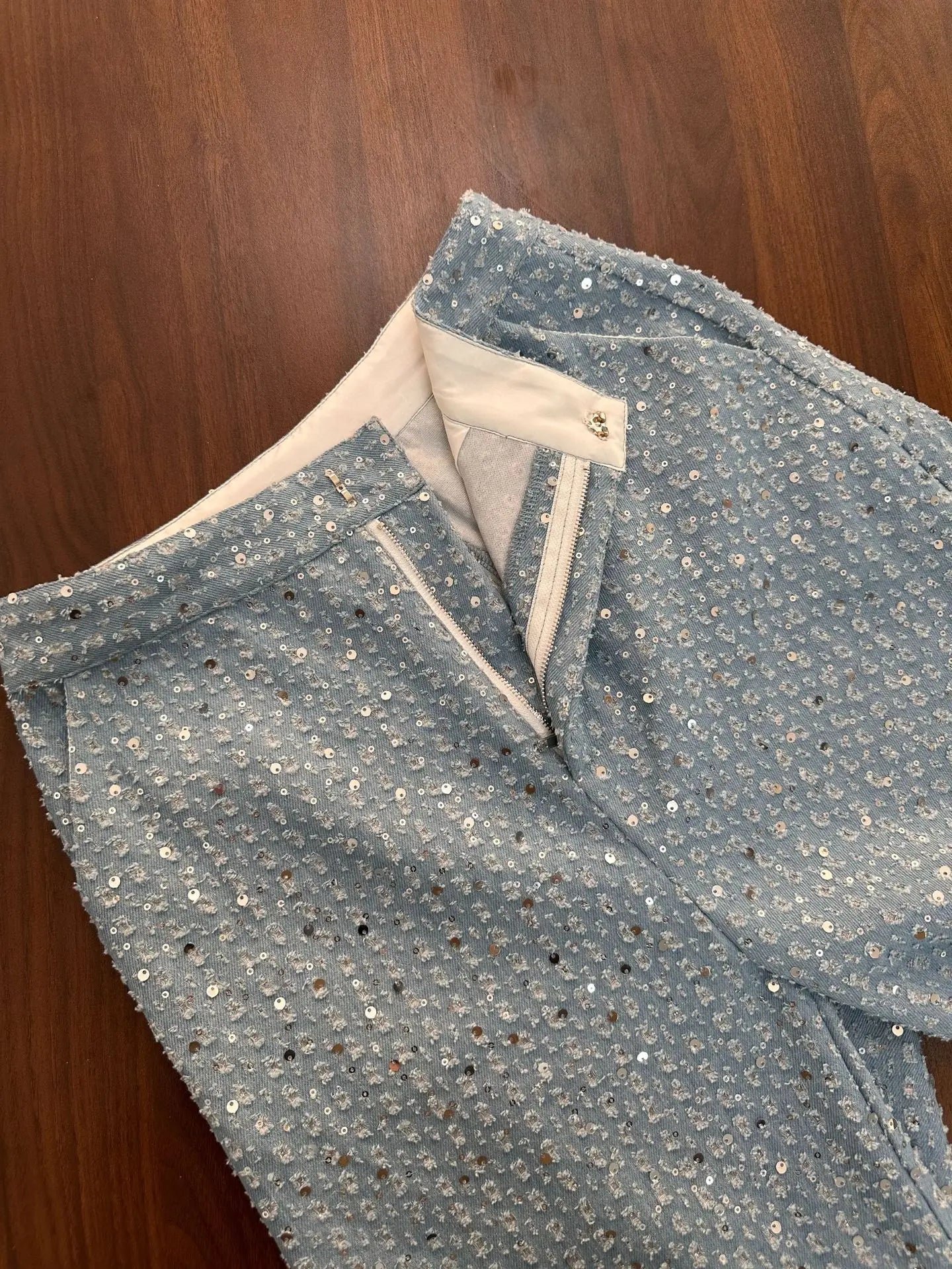Fashion Sequins Denim Set Women Strapless Tunic Waist Crop Top and Wide Leg Pant Suit 2024 New 2 Piece Sets Outfits Tracksuit