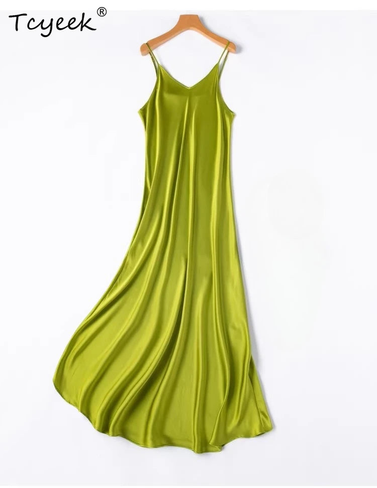 Tcyeek Woman Long Dress, 100%Real Silk, V Neck, Solid Spaghetti Strap Dresses, 2025 Elegant Chic Clothes
