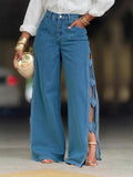 New Women's Jeans Patchwork High Waist Washed Distressed Loose Wide Leg Trousers Fashion Hollow Out Streetwear Retro Denim Pants