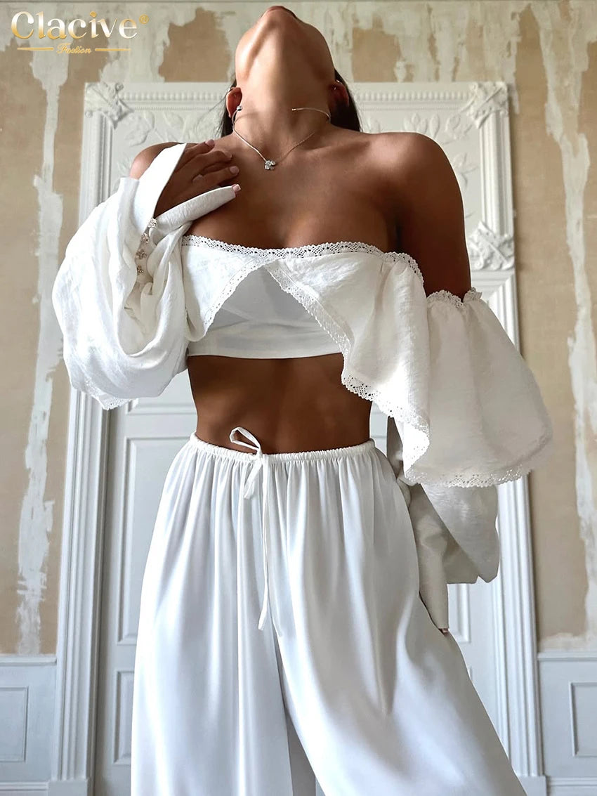 Clacive Sexy Slim White Women's Top 2025 Fashion Square Collar Long Sleeve Crop Top Elegant Classic Solid Tops Female Clothing