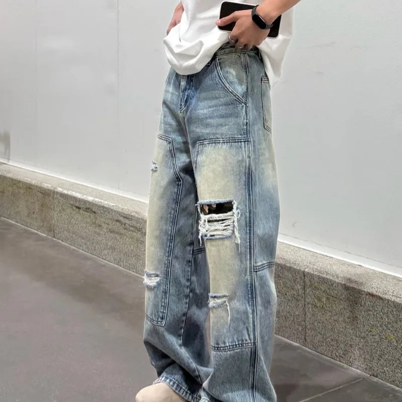 Men's Jeans Man Pants Heavy Duty Washed Multi Pocket Carpenter Style Straight Loose Denim Trousers Casual Fit High Street