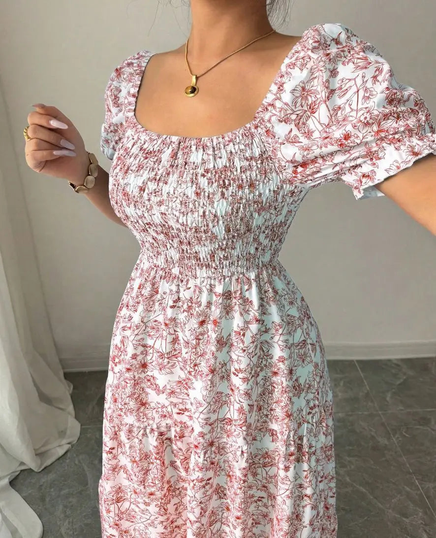 Spring and Autumn Women's Square Neck Short Sleeve Long Skirt Fresh Printed Casual Fashion Slight Backless Temperament Dress