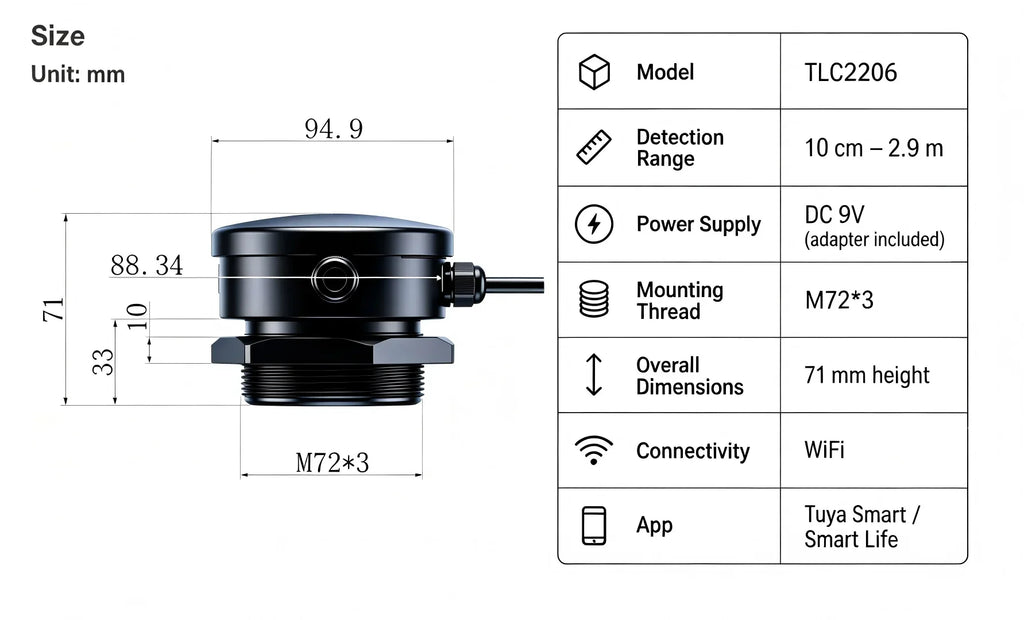 Ultrasonic Wireless Mobile TuYa App Detector Water Fuel Oil Liquid Level Sensor Alarm Indicator Remote Tank Monitor TLC2206