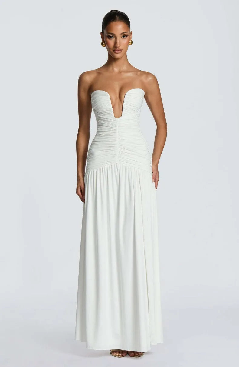 Solid Color Sexy Strapless High Slit Pleated Slim Fit Dress for Birthday Party Dinner Party Graduation Party Dress