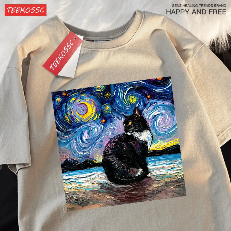 Oil Painting Starry Sky Cat Tshirts Men Women Oversized Cotton Clothing Fashion Summer T-Shirt High Quality Brand Loose Shirts