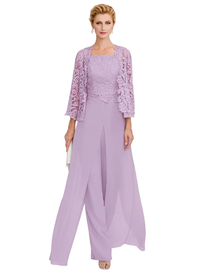 Jumpsuit Pantsuit 3 Piece Floor Length Sleeveless Square Neck Elegant Formal Wedding Guest Chiffon Mother of the Bride Dress