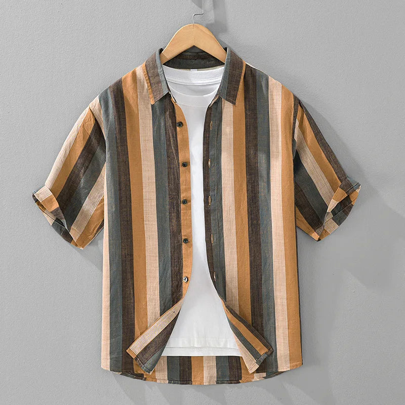 Summer New Linen and Lyocell Cooling Striped Half Sleeve Shirt for Men Casual Turn-down Collar Shirt  EC1292