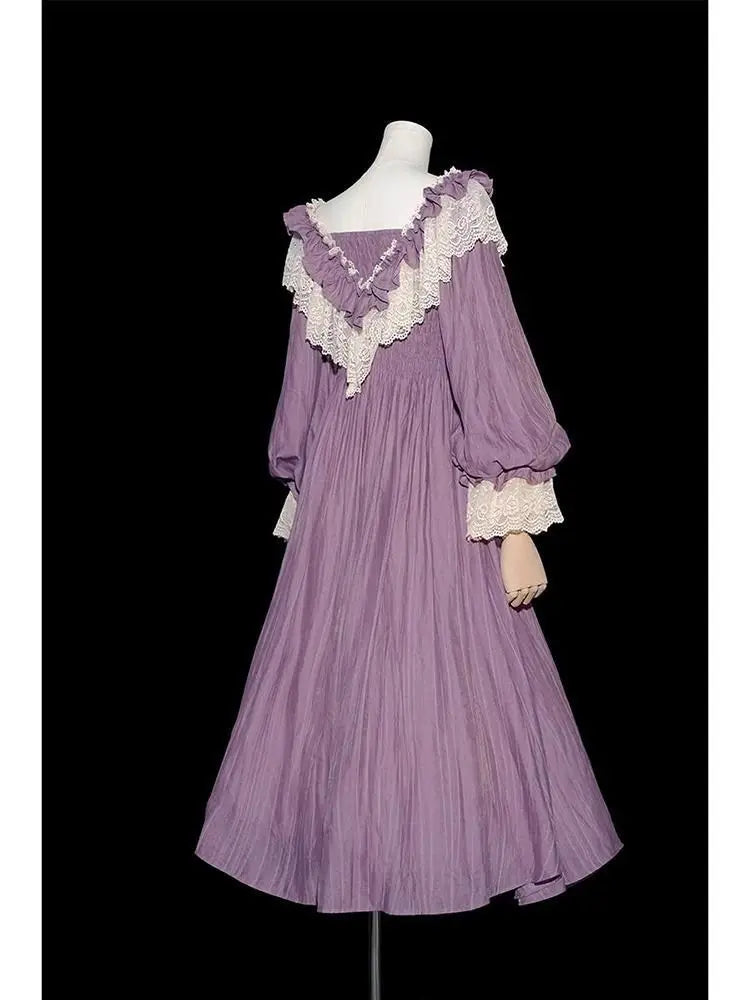 Nicemix Purple Classic Vintage Lantern Sleeve Lolita Dress Spring Lace Spliced Sweet Slimming A-line Dress