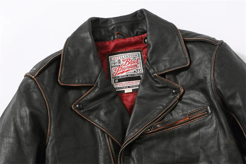 Retro Black Winter Leather Jacket Men Vintage Style Plus Size 5XL Genuine Natural Thick Cowhide Diagonal Zipper Leather Coat
