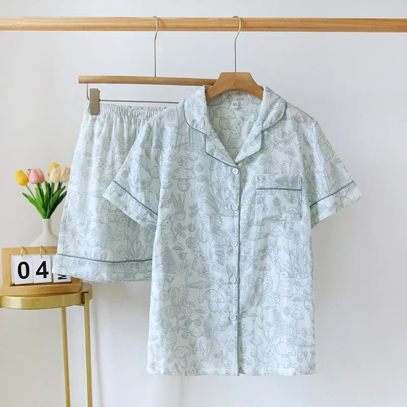 Japanese simple short pyjamas women 100% cotton short sleeves ladies pajama sets shorts Cute cartoon sleepwear women homewear
