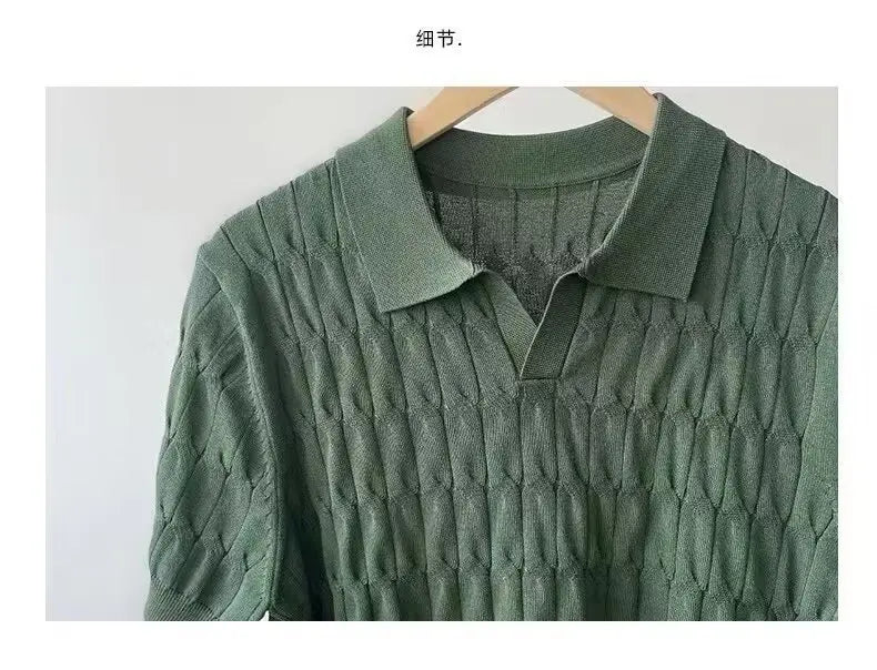 Trendy Polo Shirt for Men Summer Solid Color Top Versatile Knit Style Korean Short Sleeves Casual Fashion T-shirt