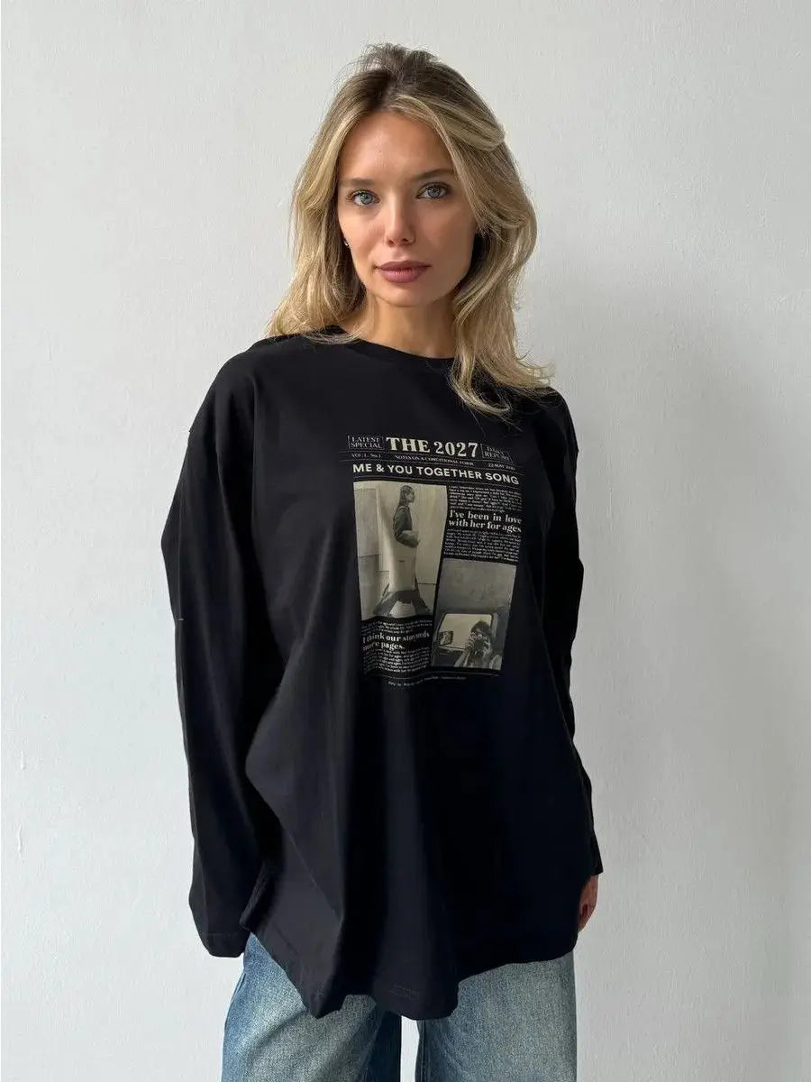 French Street Fashion Pure Cotton Long Sleeve Shirts Retro Letter Graphic Thin Sweatshirts Women Elegant Lady Tops Trendy Autumn
