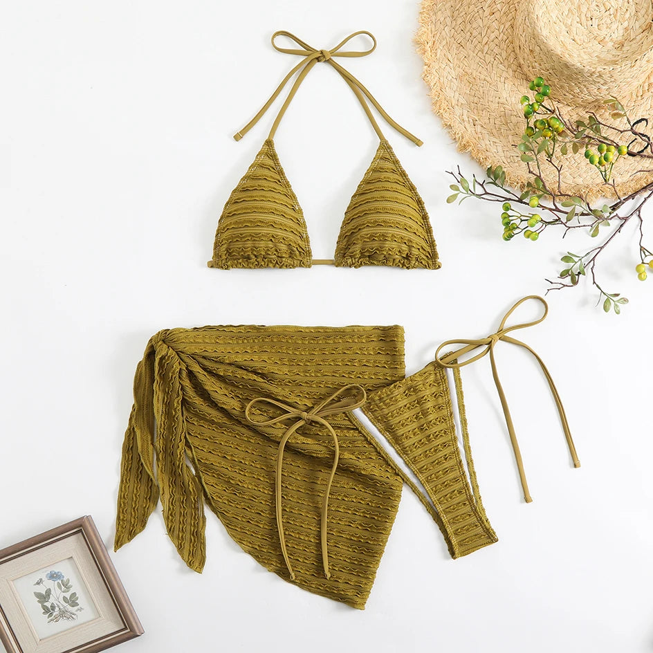 Sexy 3 Pieces Bikini Women Swimsuit 2025 Summer Halter Triangle Swimwear Bottom Bikinis Sets Beach Cover Up Female Bathing Suits